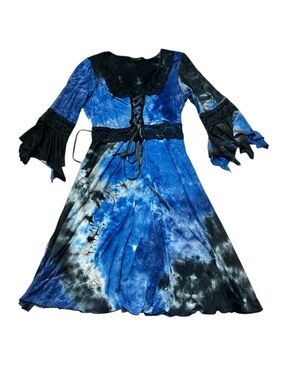 Tie Dye Lace Trim Bell Sleeve Lace Up Midi Dress